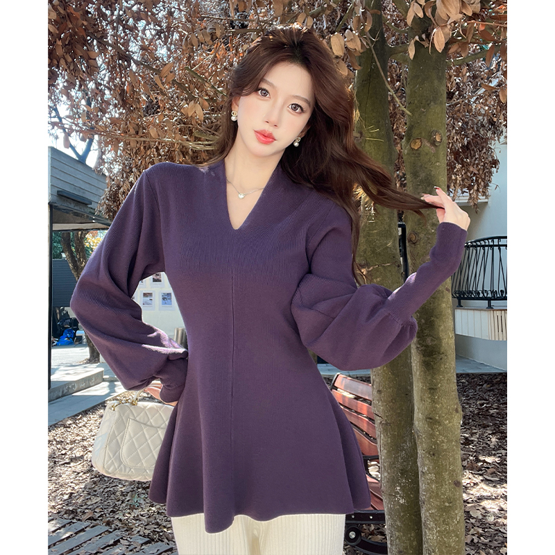 MY16333# 法式温柔气质v领灯笼袖毛衣针织衫女独特绝美紫色慵懒风上衣...