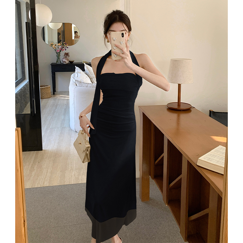 2026春夏新款純欲性感交叉綁帶抹胸網紗連衣裙女修身顯瘦氣質長裙