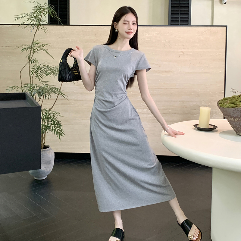 2026春夏新款短袖T恤連衣裙女法式收腰顯瘦設計感小眾氣質裙子潮