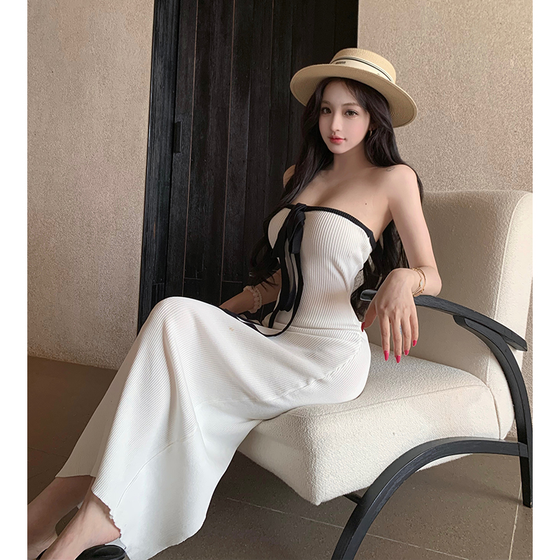 純欲掛脖針織連衣裙夏季新款包臀裙抹胸長裙一字肩法式度假裙子潮