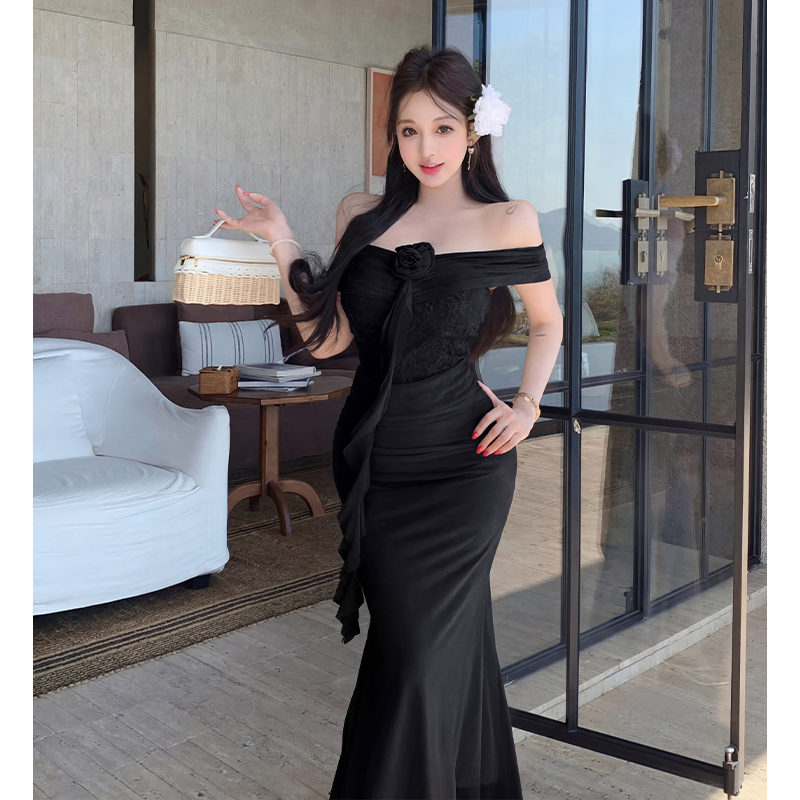 法式甜美氣質網紗連衣裙女一字領收腰顯瘦包臀長裙純欲度假風辣妹