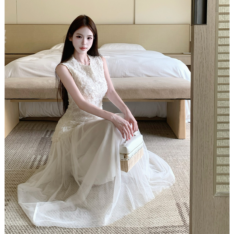 2026夏季新款美不自知重工法式無袖拼接裙溫柔氣質背心仙女長裙