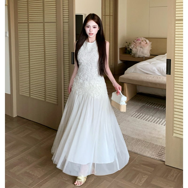 2026夏季新款美不自知重工法式無袖拼接裙溫柔氣質背心仙女長裙