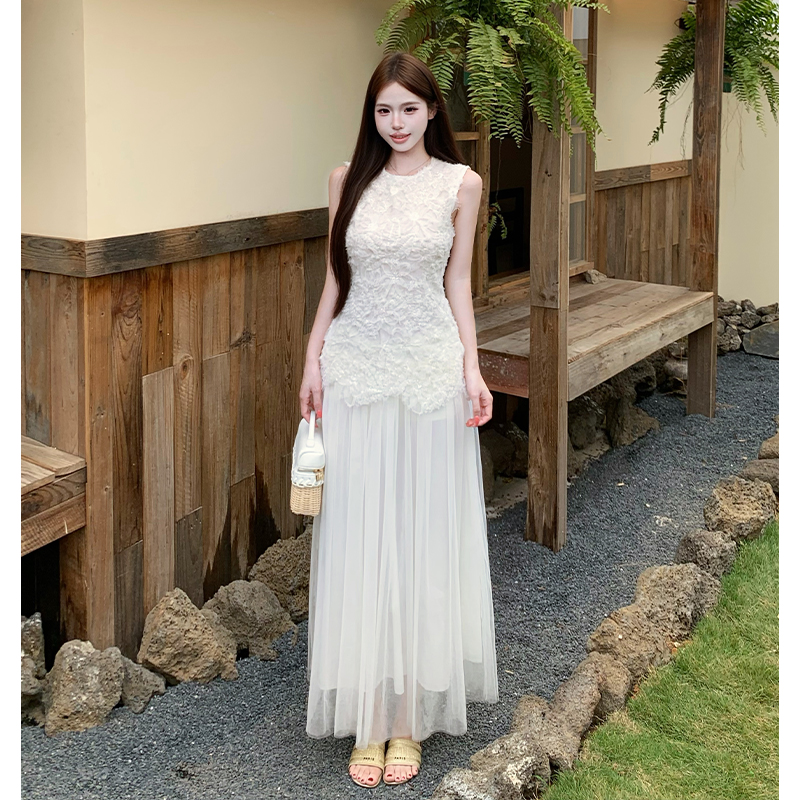 2026夏季新款美不自知重工法式無袖拼接裙溫柔氣質背心仙女長裙
