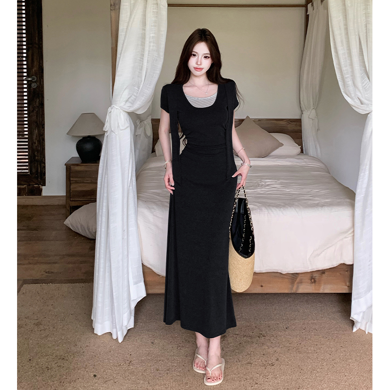 法式韓系假兩件條紋短袖連衣裙女夏季新款設計感撞色拼接收腰長裙