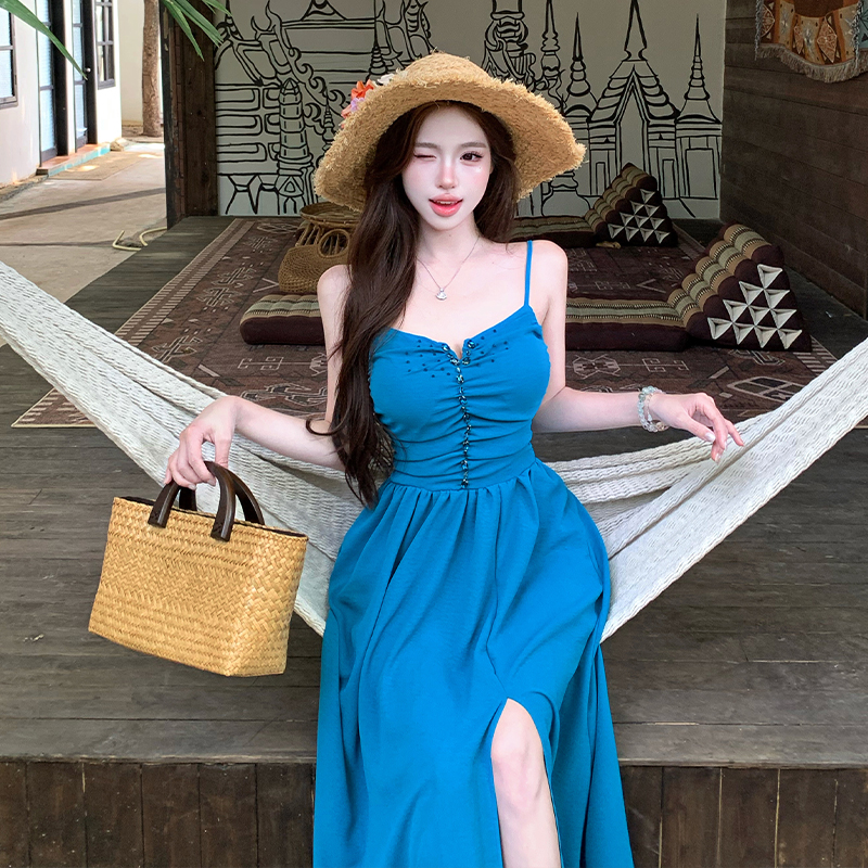 湛藍深海～性感名媛V領釘珠露背綁帶吊帶連衣裙長裙海邊度假風夏