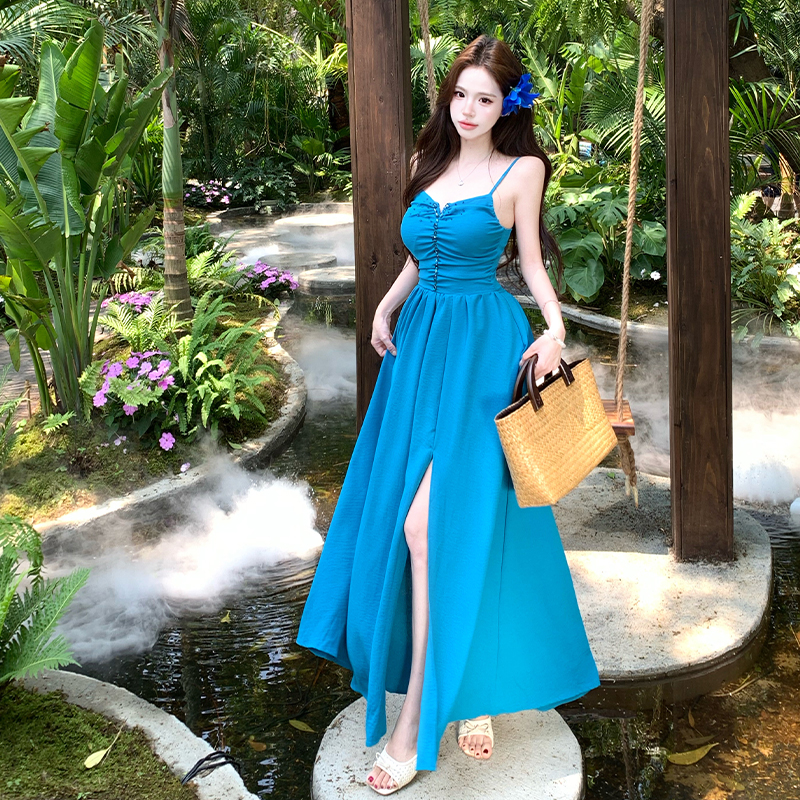 湛藍深海～性感名媛V領釘珠露背綁帶吊帶連衣裙長裙海邊度假風夏