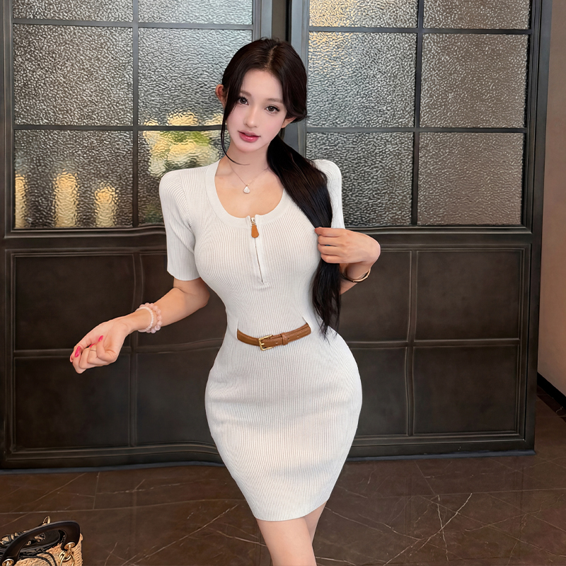 都市標配～名媛風短袖針織連衣裙女純欲風高級感包臀氣質短裙夏季