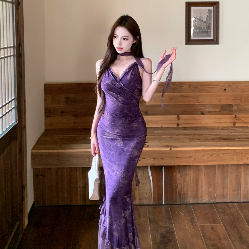 法式性感氣質收腰v領長裙女植絨燒花彈力吊帶連衣裙新國風紫色裙