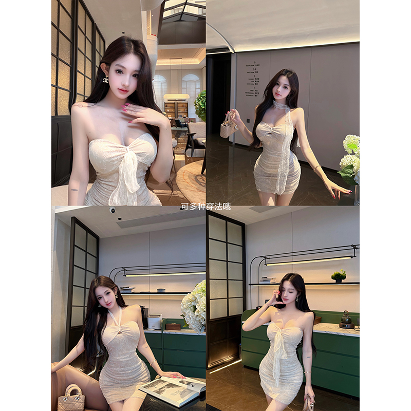 純欲風性感掛脖蕾絲吊帶連衣裙女帶胸墊顯身材褶皺氣質包臀短裙夏