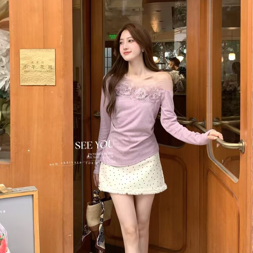 MY12556# 法式纯欲露肩蕾丝花朵针织衫女2025年秋新款气质百搭外搭长袖上衣