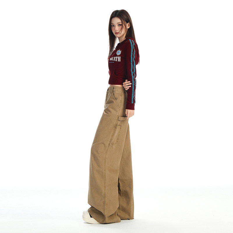 卡其色低腰牛仔裤女2026年春季新款美式宽松工装直筒百搭阔腿裤子