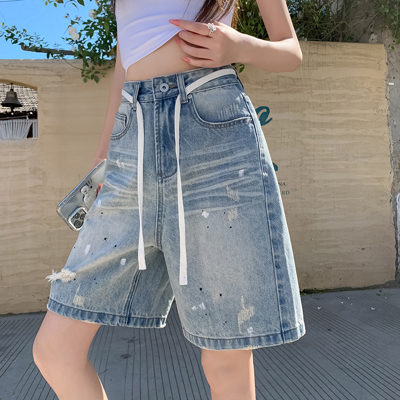 高品質水洗淺藍破洞牛仔中褲女夏新款韓版寬松氣質百搭配腰繩