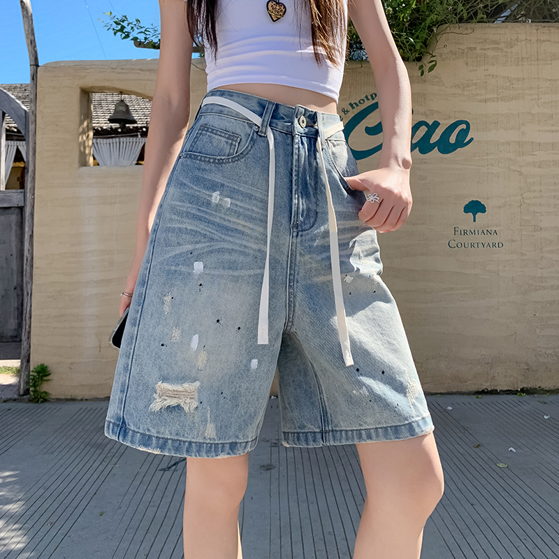 高品質水洗淺藍破洞牛仔中褲女夏新款韓版寬松氣質百搭配腰繩