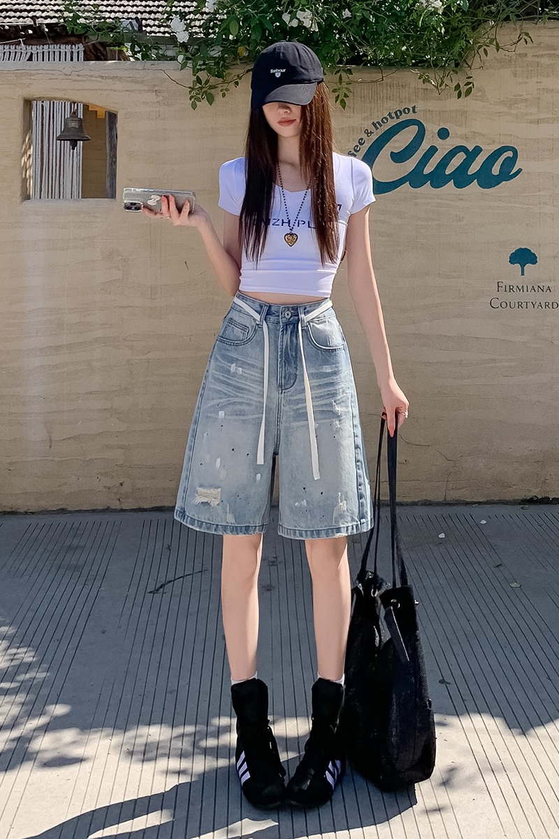 高品質水洗淺藍破洞牛仔中褲女夏新款韓版寬松氣質百搭配腰繩