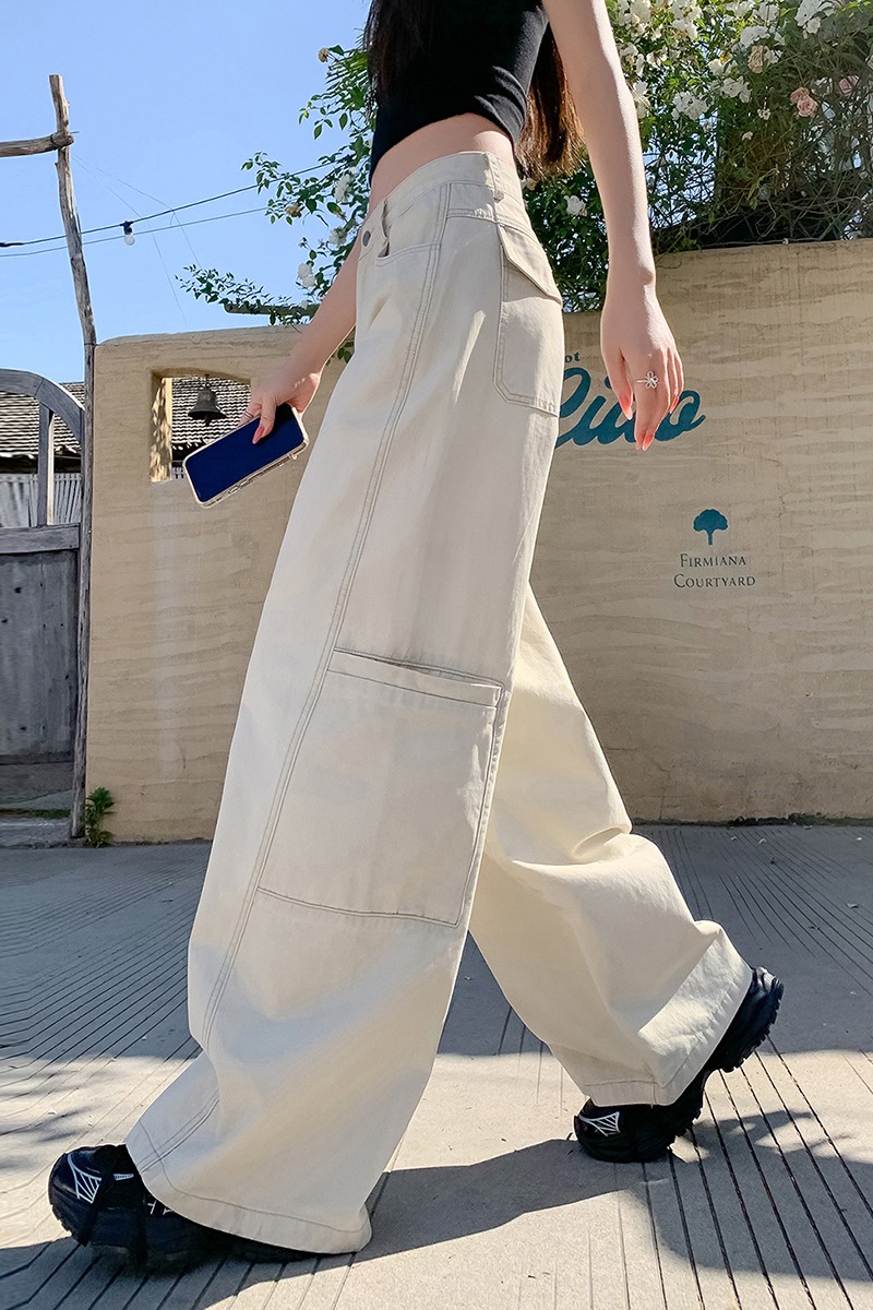 奶昔色彎刀工裝褲女夏季卡其色美式寬松垂墜感闊腿直筒休閑褲