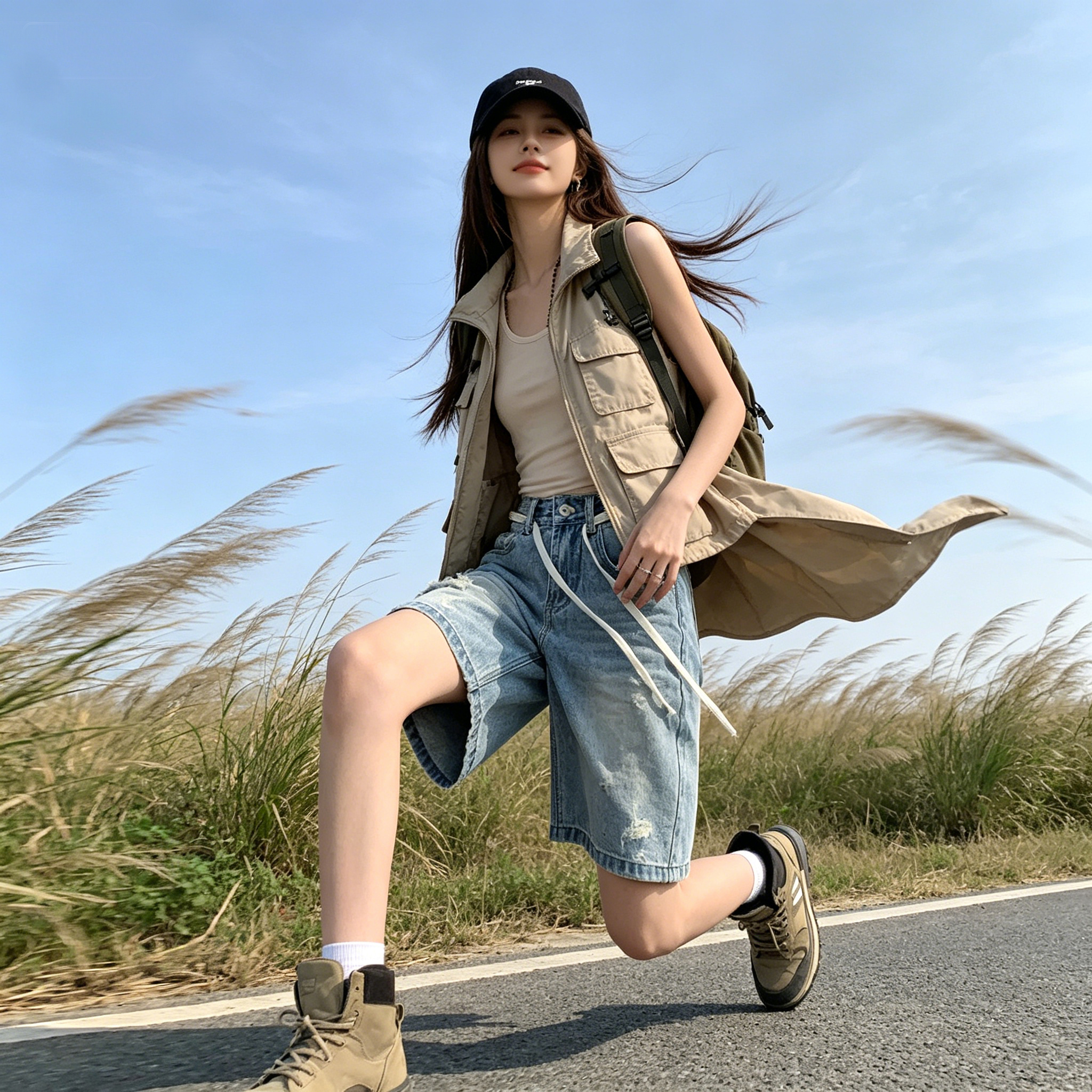 高品質涂鴉淺藍破洞牛仔中褲女夏新款韓版寬松氣質百搭配腰繩