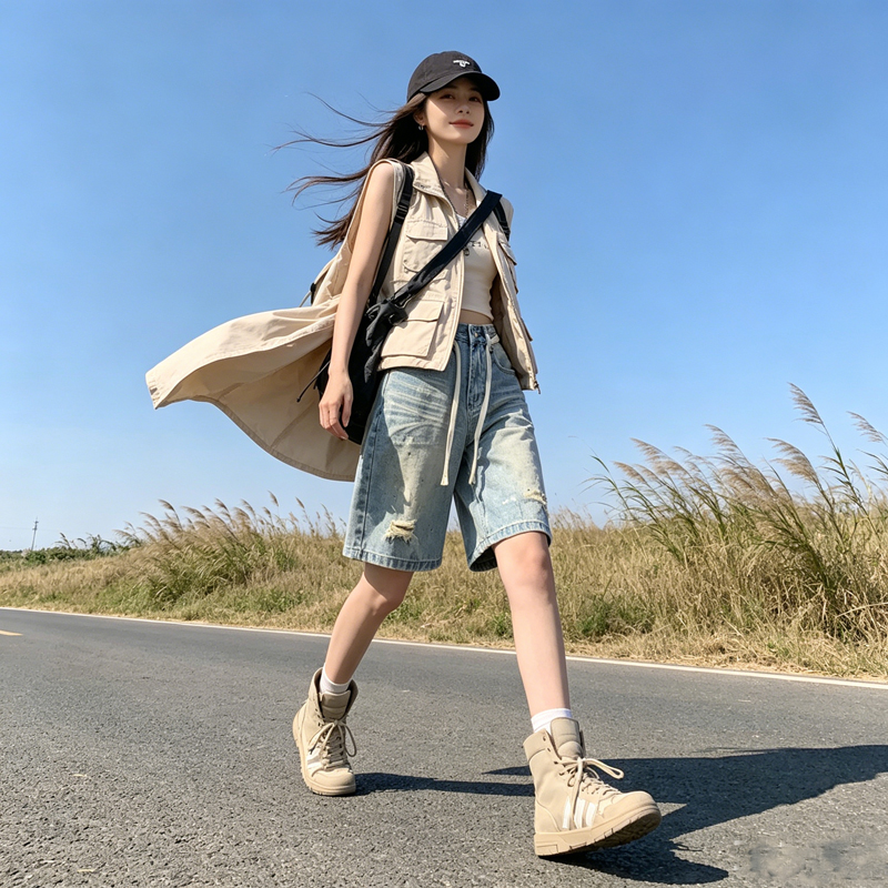 高品質涂鴉淺藍破洞牛仔中褲女夏新款韓版寬松氣質百搭配腰繩