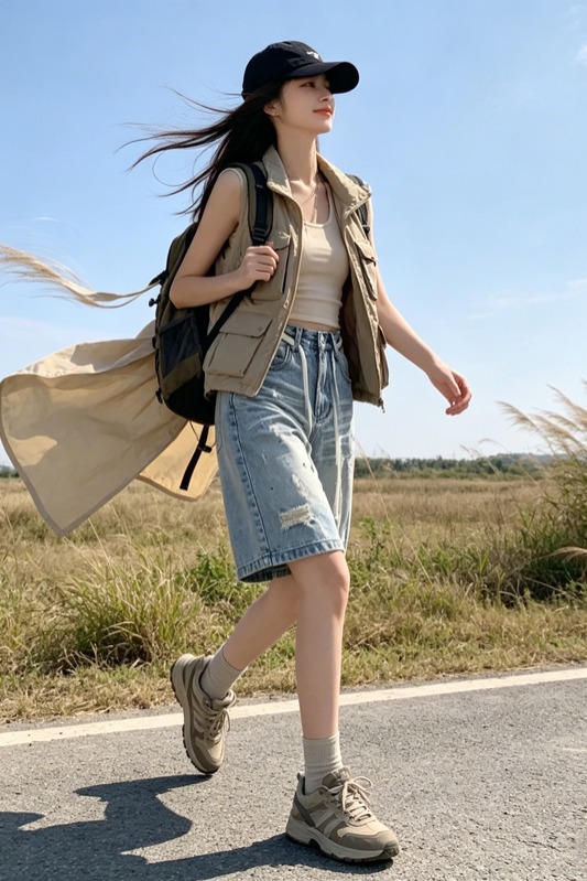 高品質涂鴉淺藍破洞牛仔中褲女夏新款韓版寬松氣質百搭配腰繩