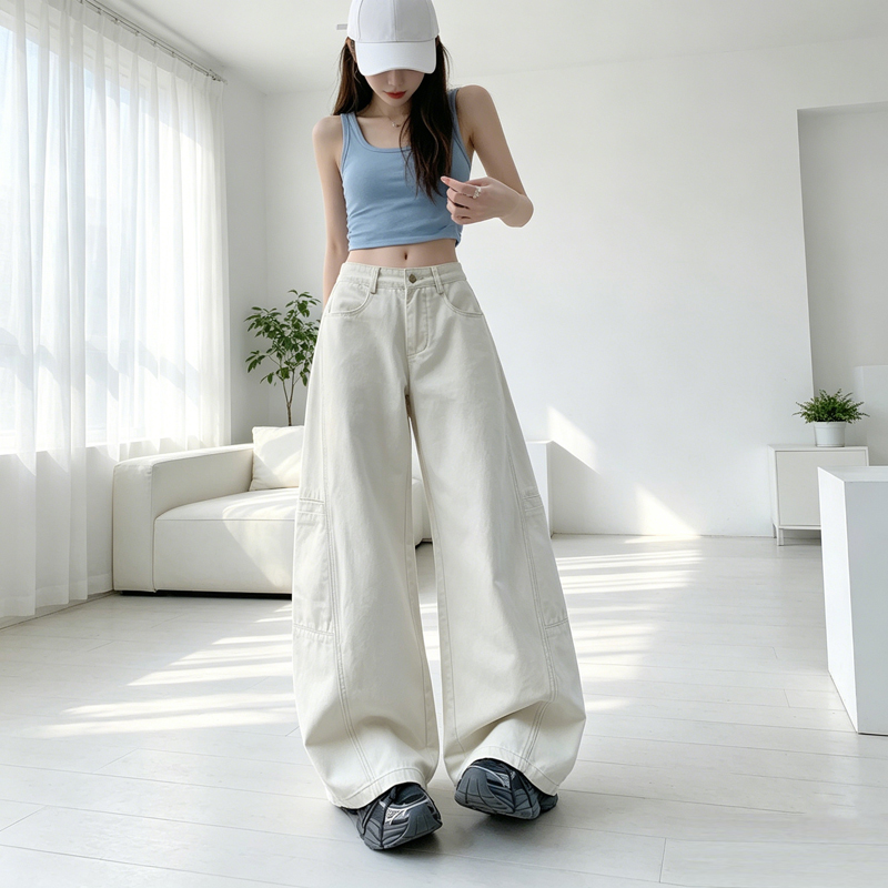高品質奶昔色彎刀工裝褲女夏季美式寬松垂墜感闊腿直筒休閑褲