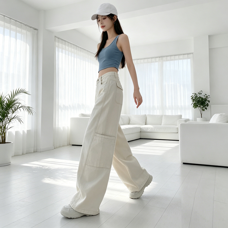高品質奶昔色彎刀工裝褲女夏季美式寬松垂墜感闊腿直筒休閑褲