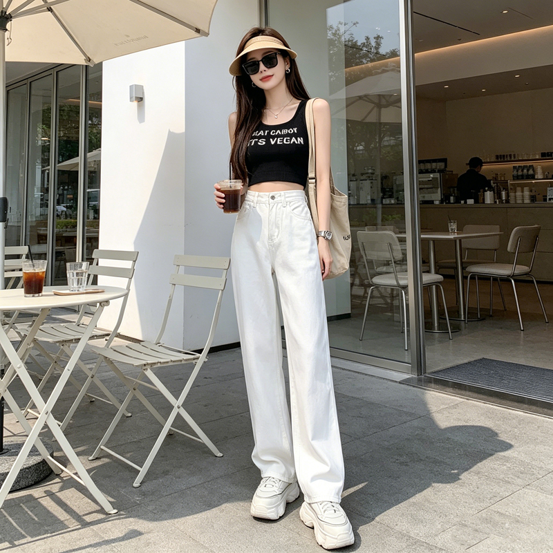 高腰垂感闊腿牛仔褲女夏季顯瘦遮胯小個子百搭藍白三色拖地長褲