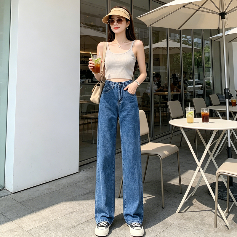 高腰垂感闊腿牛仔褲女夏季顯瘦遮胯小個子百搭藍白三色拖地長褲