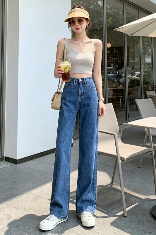 高腰垂感闊腿牛仔褲女夏季顯瘦遮胯小個子百搭藍白三色拖地長褲