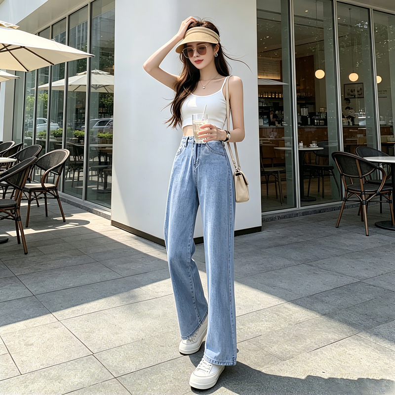 高腰垂感闊腿牛仔褲女夏季顯瘦遮胯小個子百搭藍白三色拖地長褲