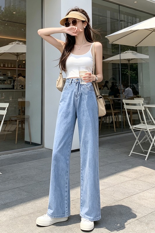 高腰垂感闊腿牛仔褲女夏季顯瘦遮胯小個子百搭藍白三色拖地長褲