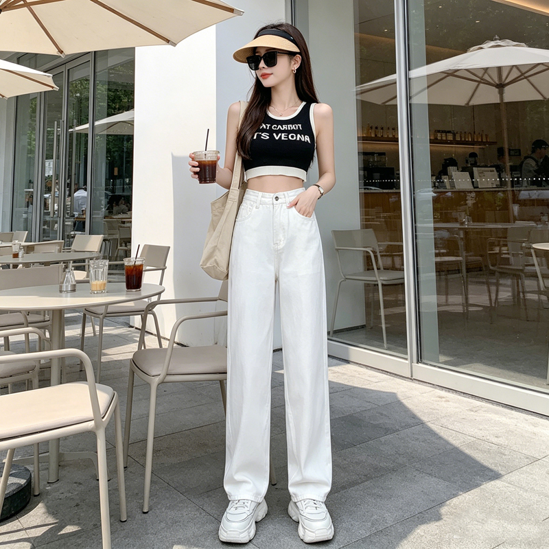 高腰垂感闊腿牛仔褲女夏季顯瘦遮胯小個子百搭藍白三色拖地長褲