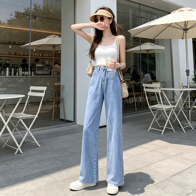 高腰垂感闊腿牛仔褲女夏季顯瘦遮胯小個子百搭藍白三色拖地長褲