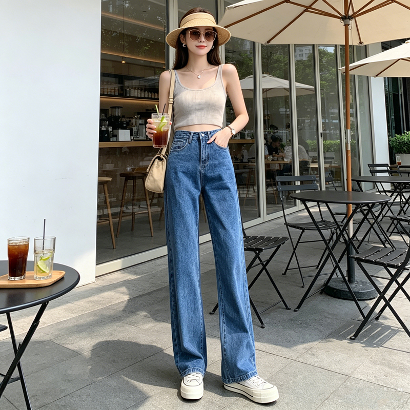 高腰垂感闊腿牛仔褲女夏季顯瘦遮胯小個子百搭藍白三色拖地長褲