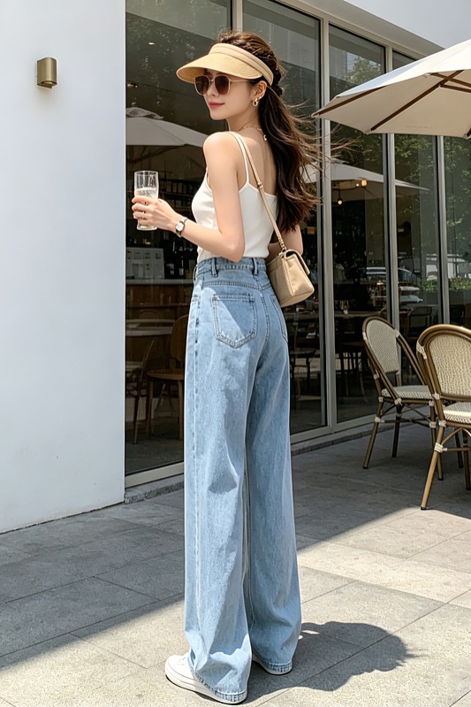 高腰垂感闊腿牛仔褲女夏季顯瘦遮胯小個子百搭藍白三色拖地長褲