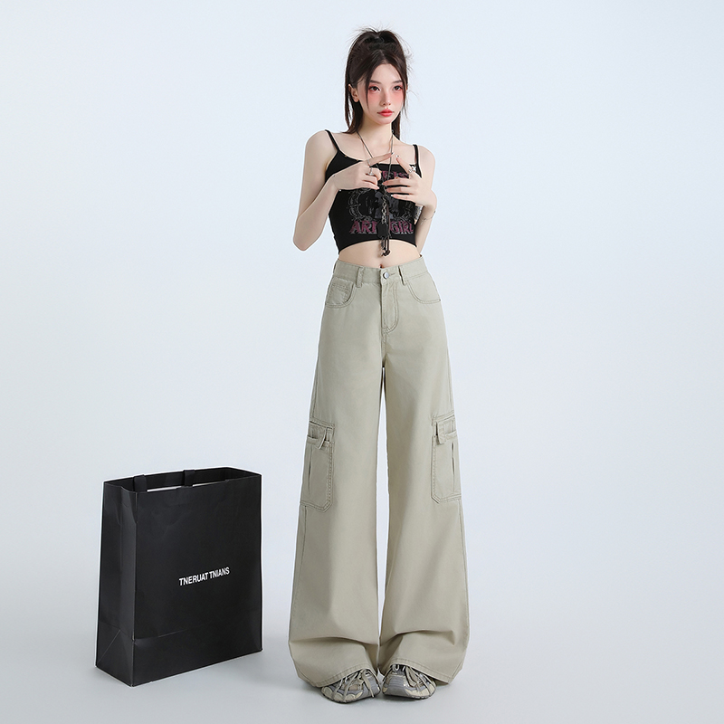 薄款冷杏工裝牛仔褲女夏季高腰闊腿褲多口袋顯瘦垂感拖地休閑長褲