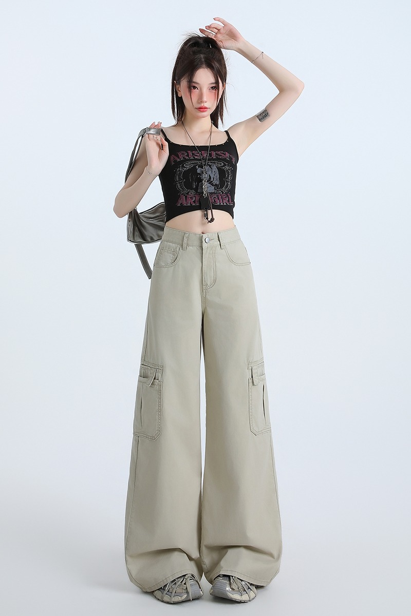 薄款冷杏工裝牛仔褲女夏季高腰闊腿褲多口袋顯瘦垂感拖地休閑長褲