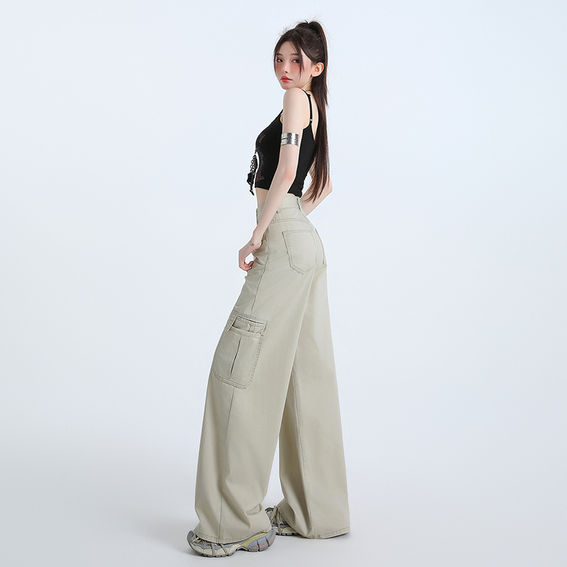 薄款冷杏工裝牛仔褲女夏季高腰闊腿褲多口袋顯瘦垂感拖地休閑長褲