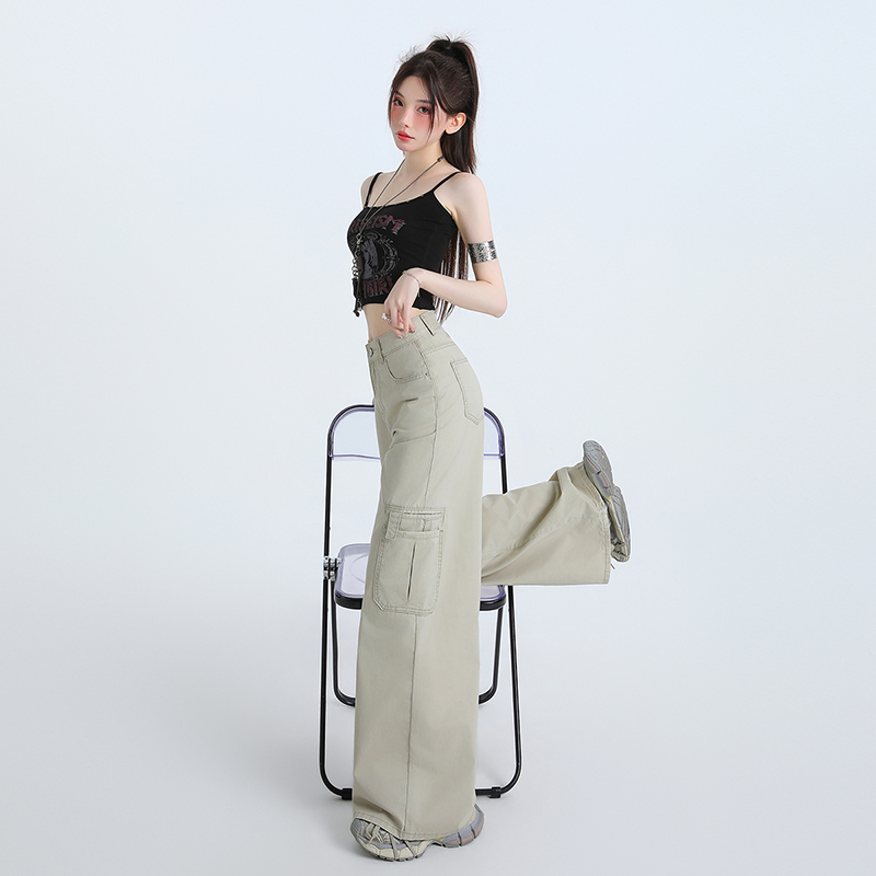 薄款冷杏工裝牛仔褲女夏季高腰闊腿褲多口袋顯瘦垂感拖地休閑長褲