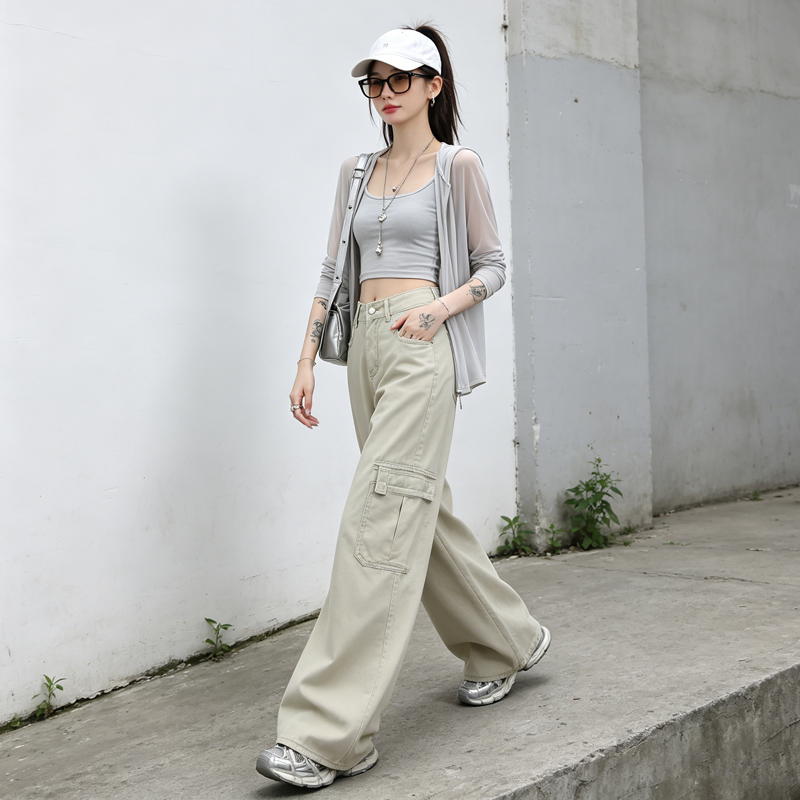 美式工裝闊腿牛仔褲女夏薄款高腰多口袋淺卡其垂感拖地休閑工裝褲