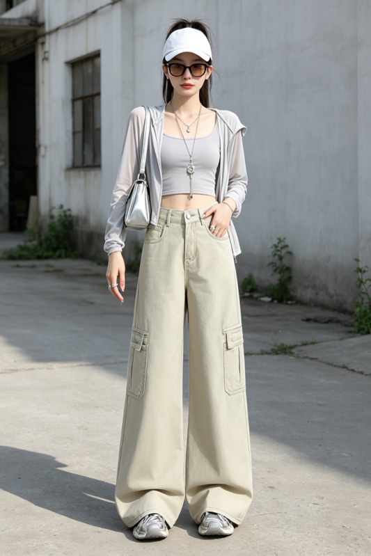美式工裝闊腿牛仔褲女夏薄款高腰多口袋淺卡其垂感拖地休閑工裝褲