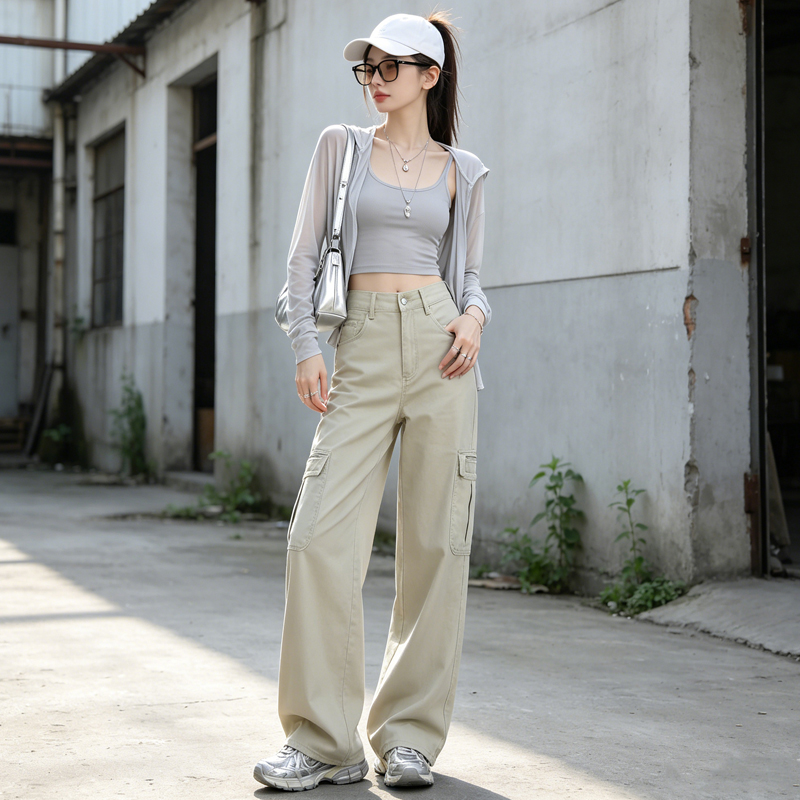 美式工裝闊腿牛仔褲女夏薄款高腰多口袋淺卡其垂感拖地休閑工裝褲
