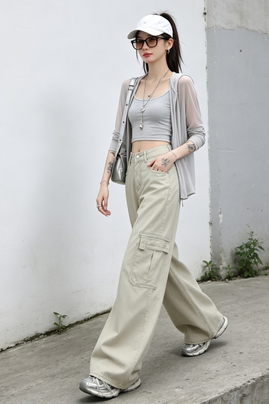 美式工裝闊腿牛仔褲女夏薄款高腰多口袋淺卡其垂感拖地休閑工裝褲