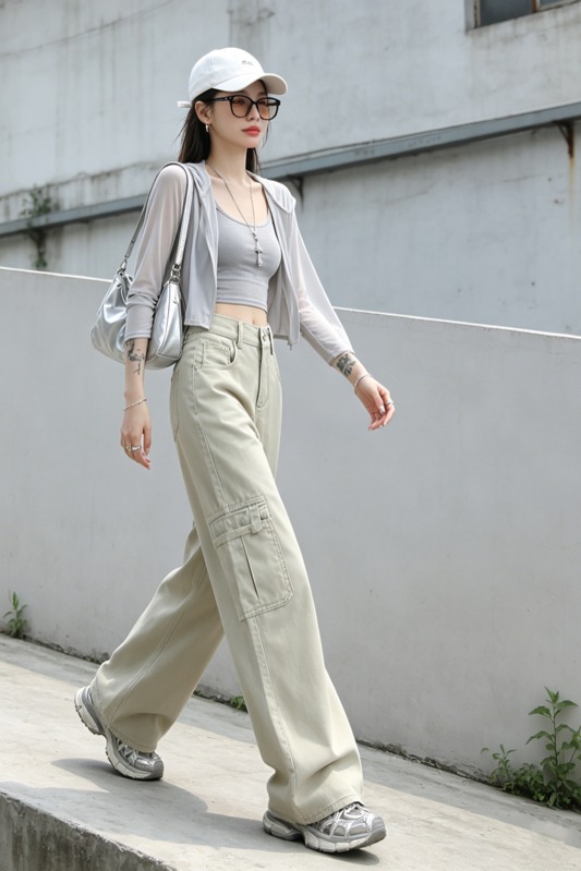 美式工裝闊腿牛仔褲女夏薄款高腰多口袋淺卡其垂感拖地休閑工裝褲