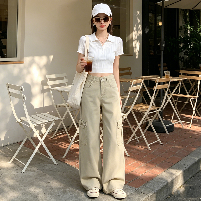 美式工裝闊腿牛仔褲女夏薄款高腰多口袋淺卡其垂感拖地休閑工裝褲