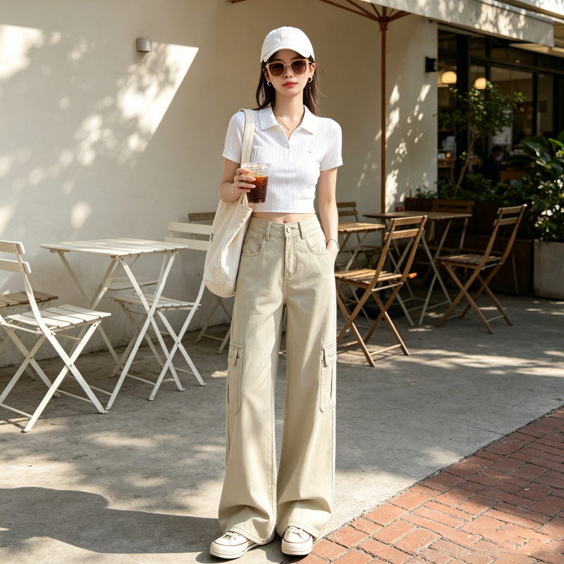 美式工裝闊腿牛仔褲女夏薄款高腰多口袋淺卡其垂感拖地休閑工裝褲