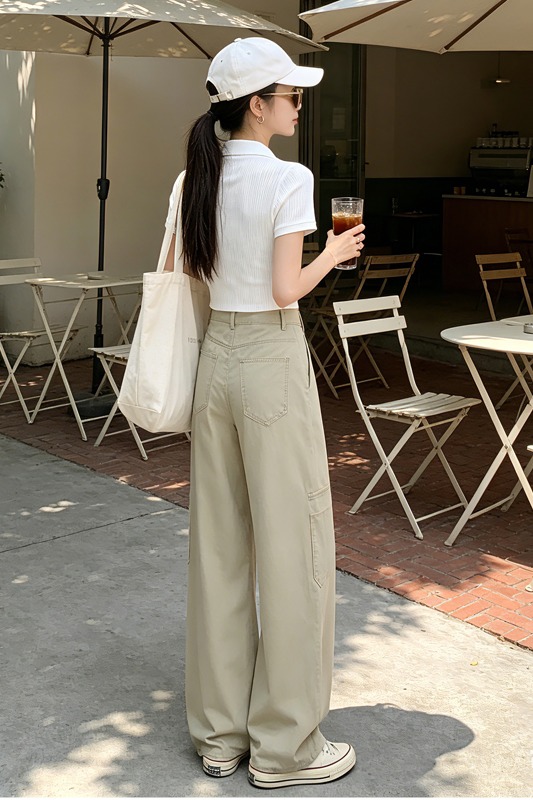 美式工裝闊腿牛仔褲女夏薄款高腰多口袋淺卡其垂感拖地休閑工裝褲