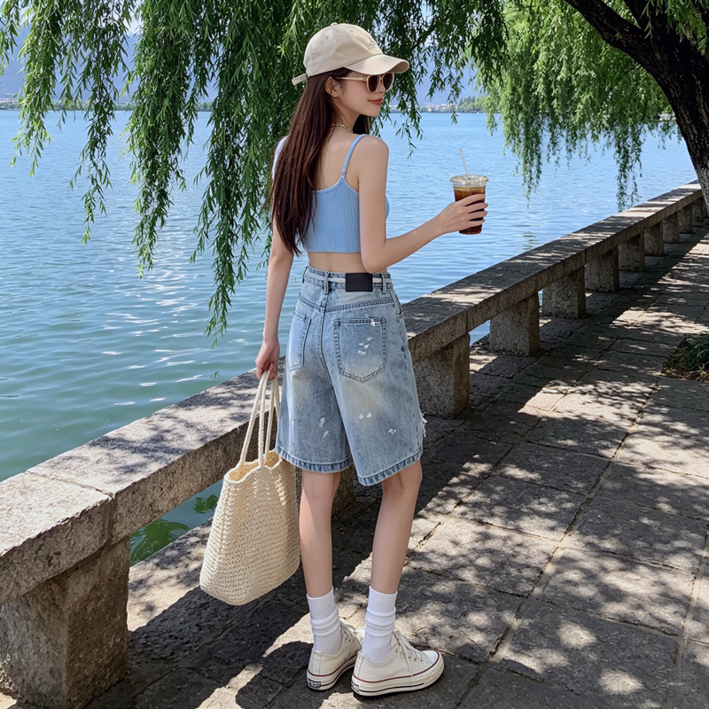 2026夏季抽繩破洞潑墨五分牛仔女高腰闊腿淺藍色寬松顯瘦百搭中褲