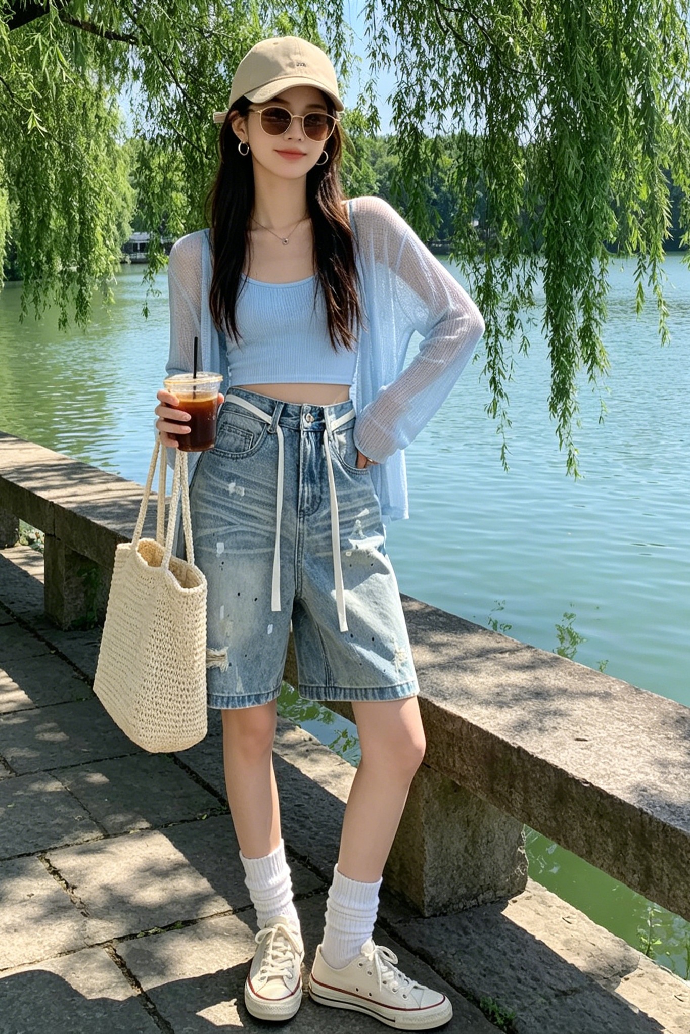 2026夏季抽繩破洞潑墨五分牛仔女高腰闊腿淺藍色寬松顯瘦百搭中褲