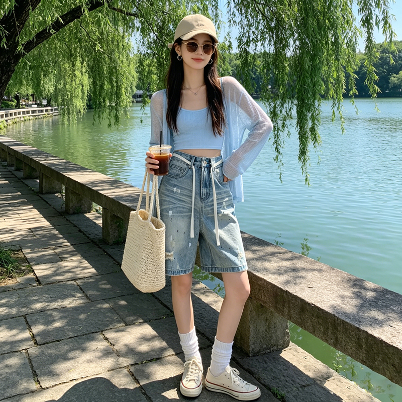 2026夏季抽繩破洞潑墨五分牛仔女高腰闊腿淺藍色寬松顯瘦百搭中褲