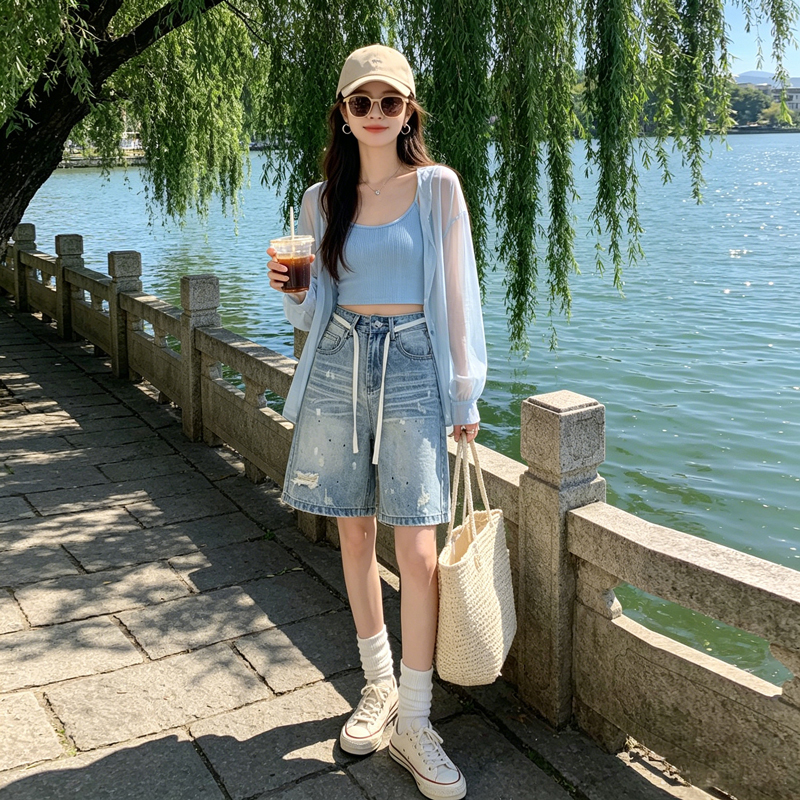 2026夏季抽繩破洞潑墨五分牛仔女高腰闊腿淺藍色寬松顯瘦百搭中褲